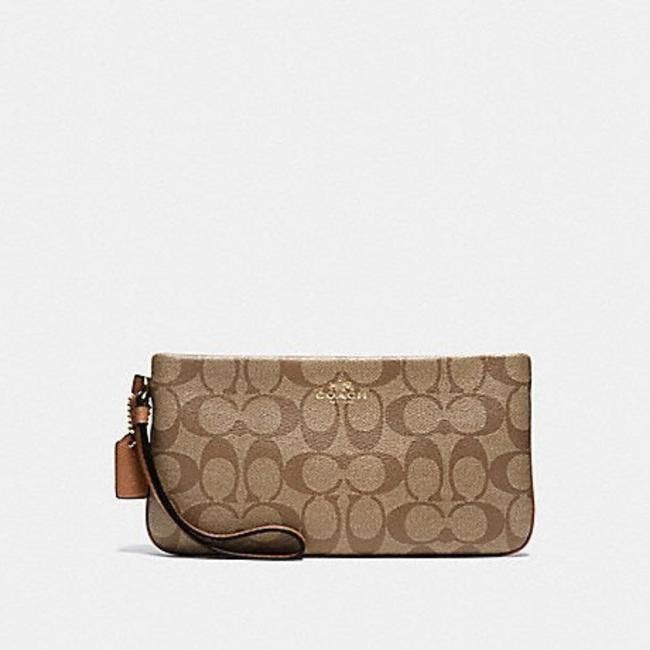 Coach Brown Saddle Signature Pvc Large Wristlet In Khaki/Saddle F65748 Wallet