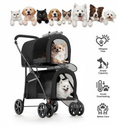DOUBLE DETACHABLE CARRIERS PET STROLLER 4 IN 1 GREY AND BLACK 🐾🏁🩶
