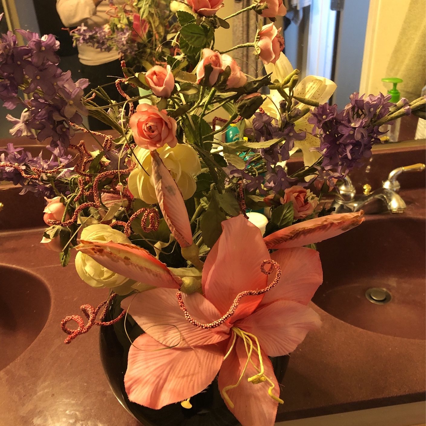 Decorative Artificial Flowers Arrangement In Beautiful Pot.