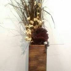 Rectangular Ceramic 22" Brown Ribbed Floor Vase + Asian Flower Arrangement