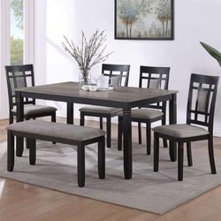 TWO TONED DINING TABLE WITH CHAIRS AND BENCH 