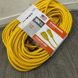 100 ft. 12/3 SJTW 15 Amp/125-Volt Outdoor Triple Tap Extension Cord, Yellow