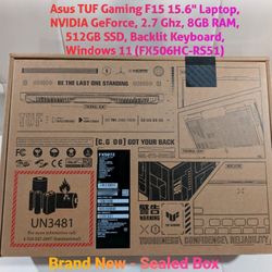 Asus TUF Gaming F15 15.6" Laptop, NVIDIA GeForce, 2.7 Ghz, 8GB RAM, 512GB SSD, Backlit Keyboard, Windows 11 (FX506HC-RS51)
