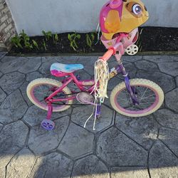 16" KIDS PINK PURPLE BIKE w training wheels and paw patrol helmet
