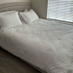 Queen Upholstered Bed + Mattress (Great Condition)