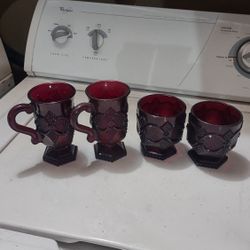 Vintage Avon Cape Cod Ruby Red 2 Pedastole Mugs With Handles And Two Glass Whiskey Tumblers 