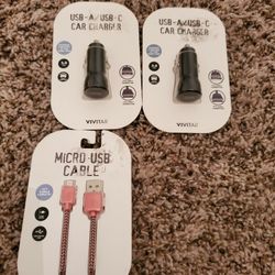 New Micro USB cable & 2 USB-A/USB-C car charger