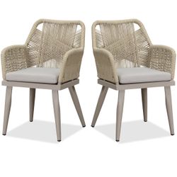 2 Pieces Outdoor Patio Dining Chairs All-Weather PE Rattan Patio Furniture with All Aluminum Frame for Lawn Garden Backyard Deck, Champagne 