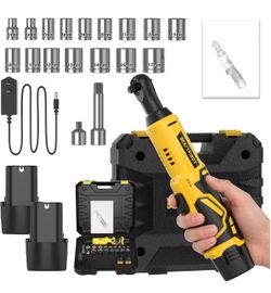Cordless Electric Ratchet Wrench, 3/8-inch 12V Brushless Ratchet Wrench Set, Portable Cordless Ratchet Tool Kit for Auto Repair (Yellow2b1p+)