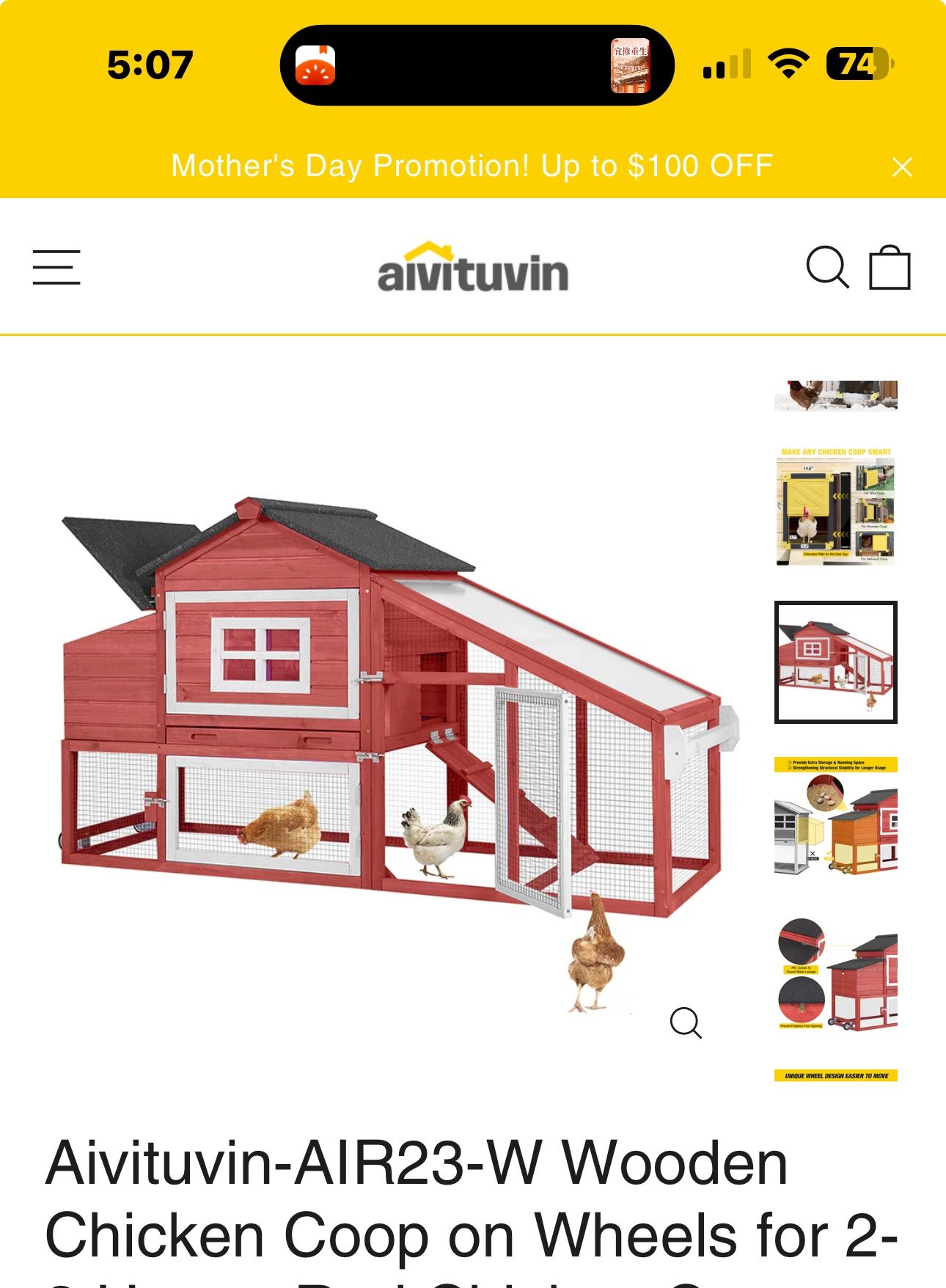 New in box Aivituvin-AIR23-A-R Wooden Chicken Coop on Wheels for 2-3 Hens - Red Chicken Coop