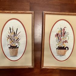 Vintage Matching Hand-Embroidered Wall Art – Framed Needlework Set (11x13 each)