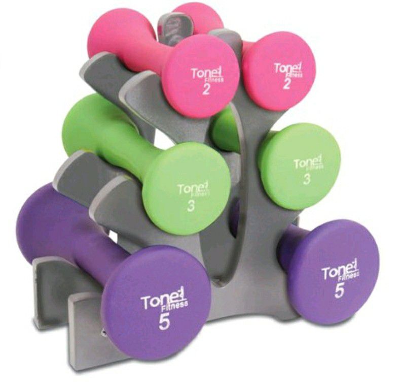 Tone finish 20 pound hourglass neoprene dumbbell set with A frame rack