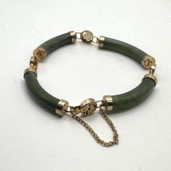 Vintage Green Jade Panel Bracelet with Gold Tone Plate Asian Character Links, Safety Chain intact, Gorgeous Vintage Green Jade