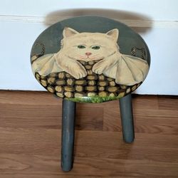 Cute Small Green Wooden Stool with White Cat Painted on top