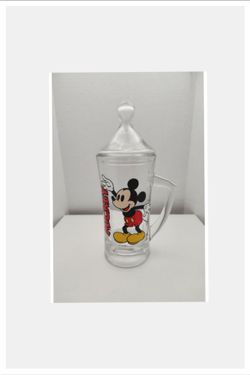VINTAGE ~ Disney 'Mickey Mouse' Glass Stein w/Lid 16oz
