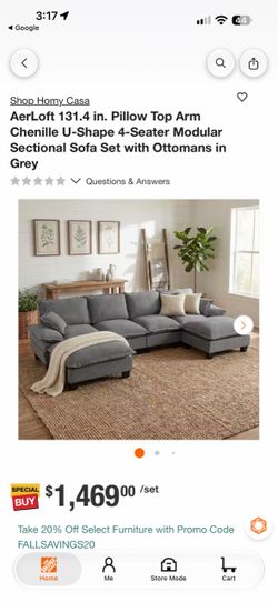 Homy Casa AerLoft 131.4 in. Pillow Top Arm Chenille U-Shape 4-Seater Modular Sectional Sofa Set with Ottomans in Grey