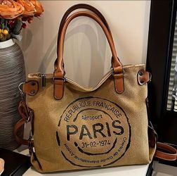 Trendy Paris Stamp Canvas Tote/ Shoulder Bag-Tan