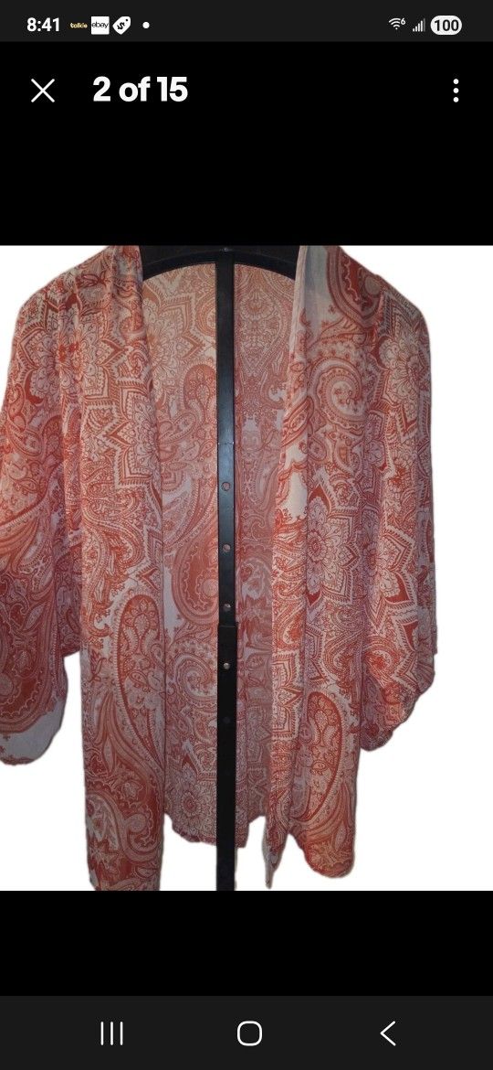 Forever 21 Beach Cover Size Small Medium Kimono Duster Cardigan Open Front Red Flowy Sheer Boho