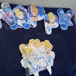 Cinderella Happy Birthday Banner And Cake & Cupcake  Toppers 