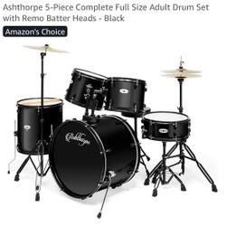 Ashthorpe 5-Piece Complete Full Size Adult Drum Set with Remo Batter Heads - Black