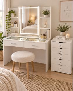 White Vanity Desk with Lighted Mirror and Shelves + Matching 5 Drawer