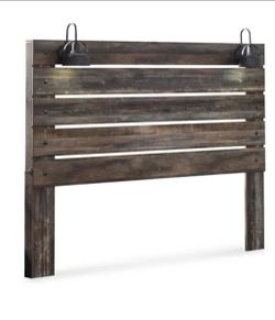 Farmhouse King Panel Headboard LED Light Sconces & Bed Frame Rustic Industrial Style
