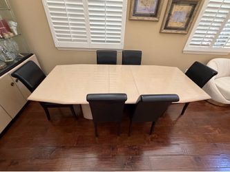 Rectangular Cream Stone Dining Table w/ Removable Extension Piece (Chairs Included)