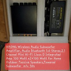 XRONG Wireless Audio Subwoofer Amplifier, Audio Bluetooth 5.0 Stereo,2.1 Channel Mini Hi-Fi Class D Integrated Amp 100 Watt x2+100 Watt for Home Outdo