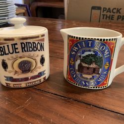 Roshco Inc. Corner Grocery Sugar Bowl Blue Ribbon & Creamer