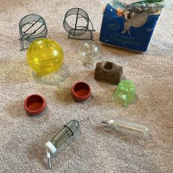 Hamster Toys/Supplies 2wheels,2exercise balls,2feeding dishes, 1 log home, 1 plastic home, 2 water bottles, 1/2 bag bedding 