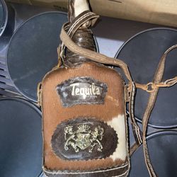 Vintage Leather & Cowhide Empty Tequila Bottle