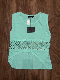 Turquoise Crochet-Panel Sleeveless Tank