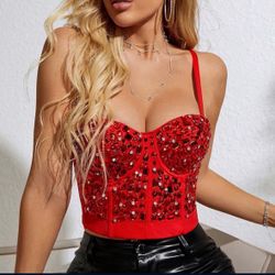 Women's Corset Top, Rhinestone Crop Top, Club Party Corset, Crystal Diamond Tube Bra