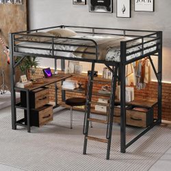 👀🔥 QUEEN Size Loft Bed w/ Desk, LED Light, Heavy-Duty Metal, Lots of Storage, Shelves, Charging