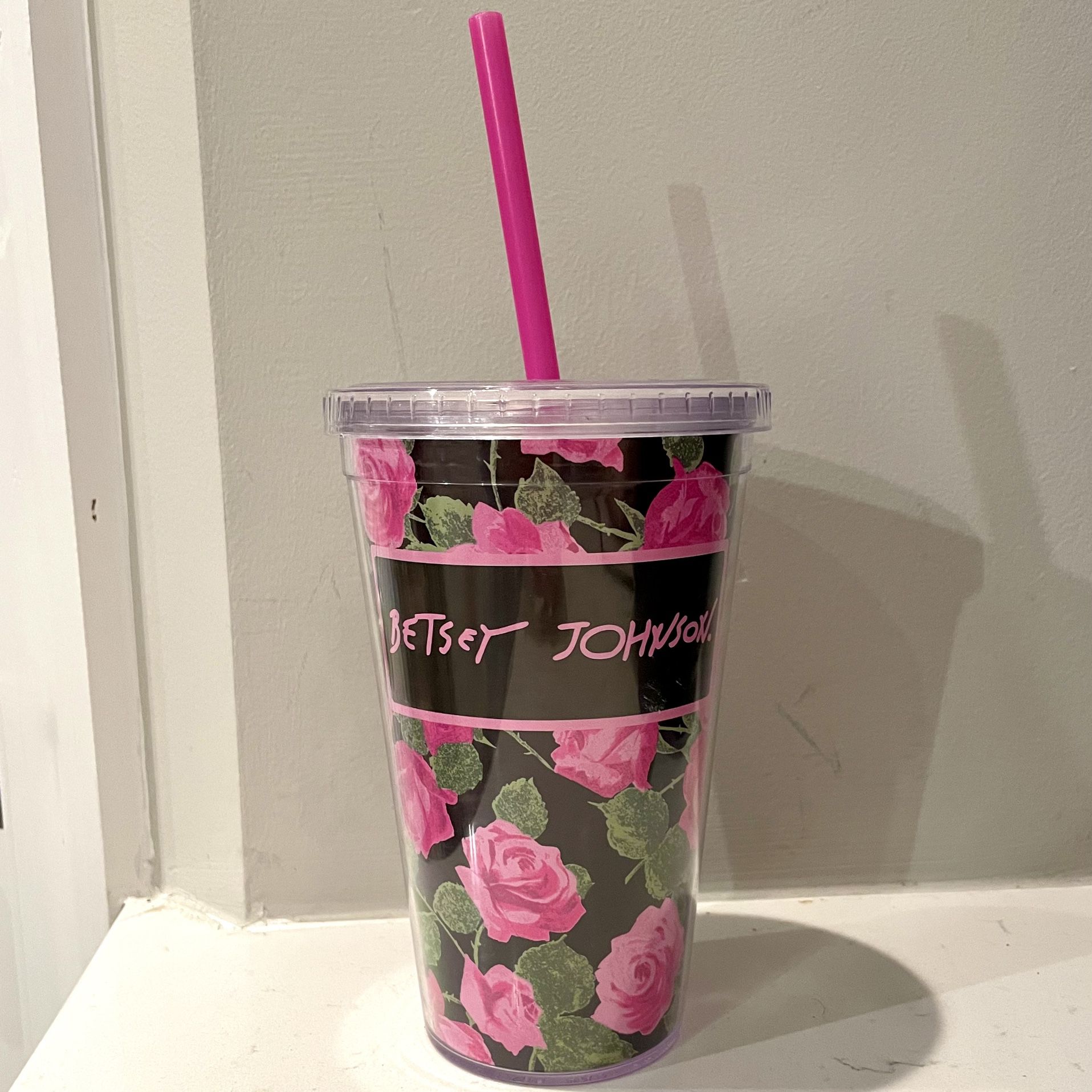 Betsey Johnson Tumbler Cup With Straw Pink Roses Floral Print