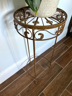 Vintage Copper-Toned Sunburst Plant Stand & Accent Table