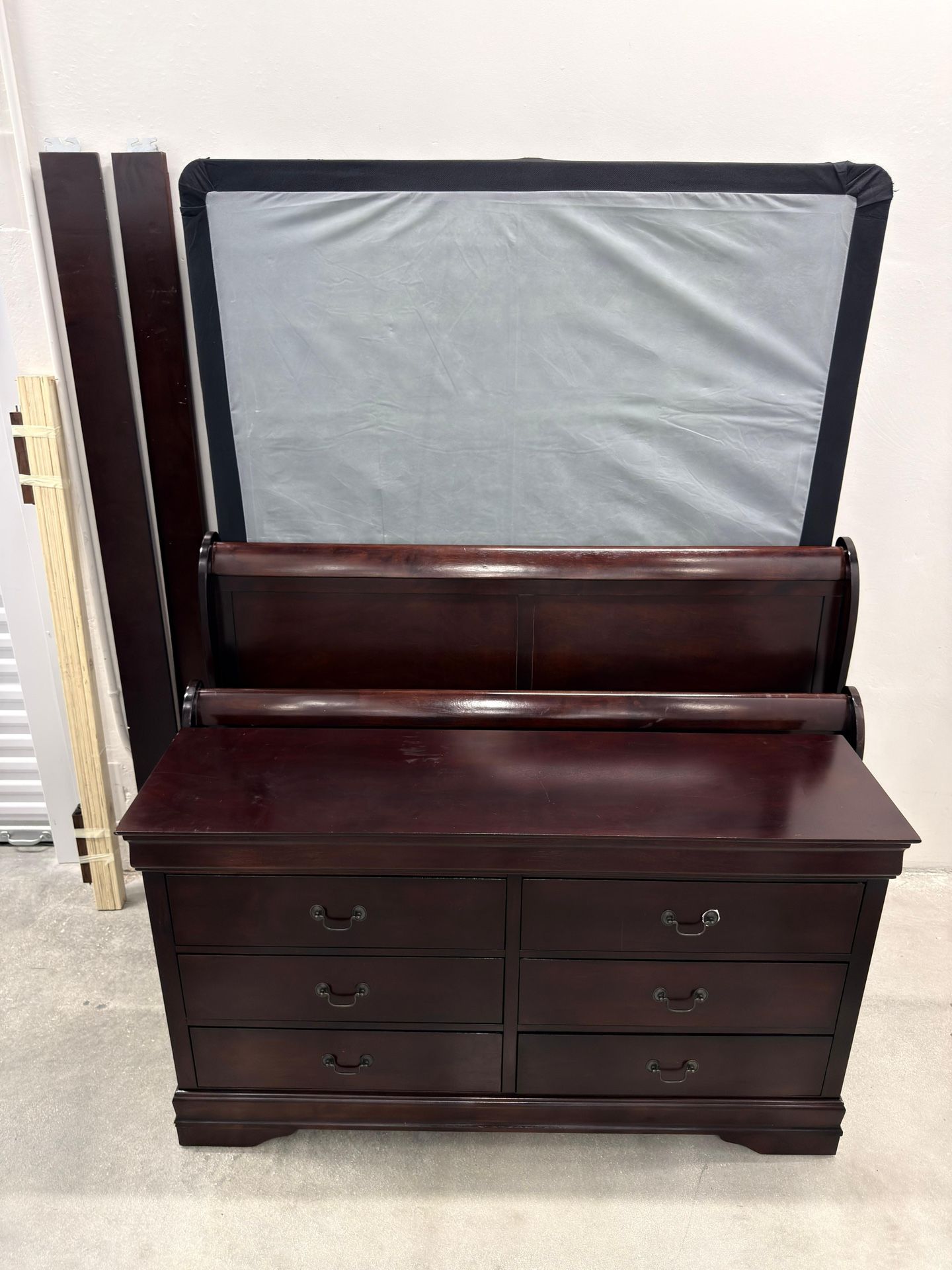 Dark Wood Sleigh Queen Bed Frame & Matching Dresser