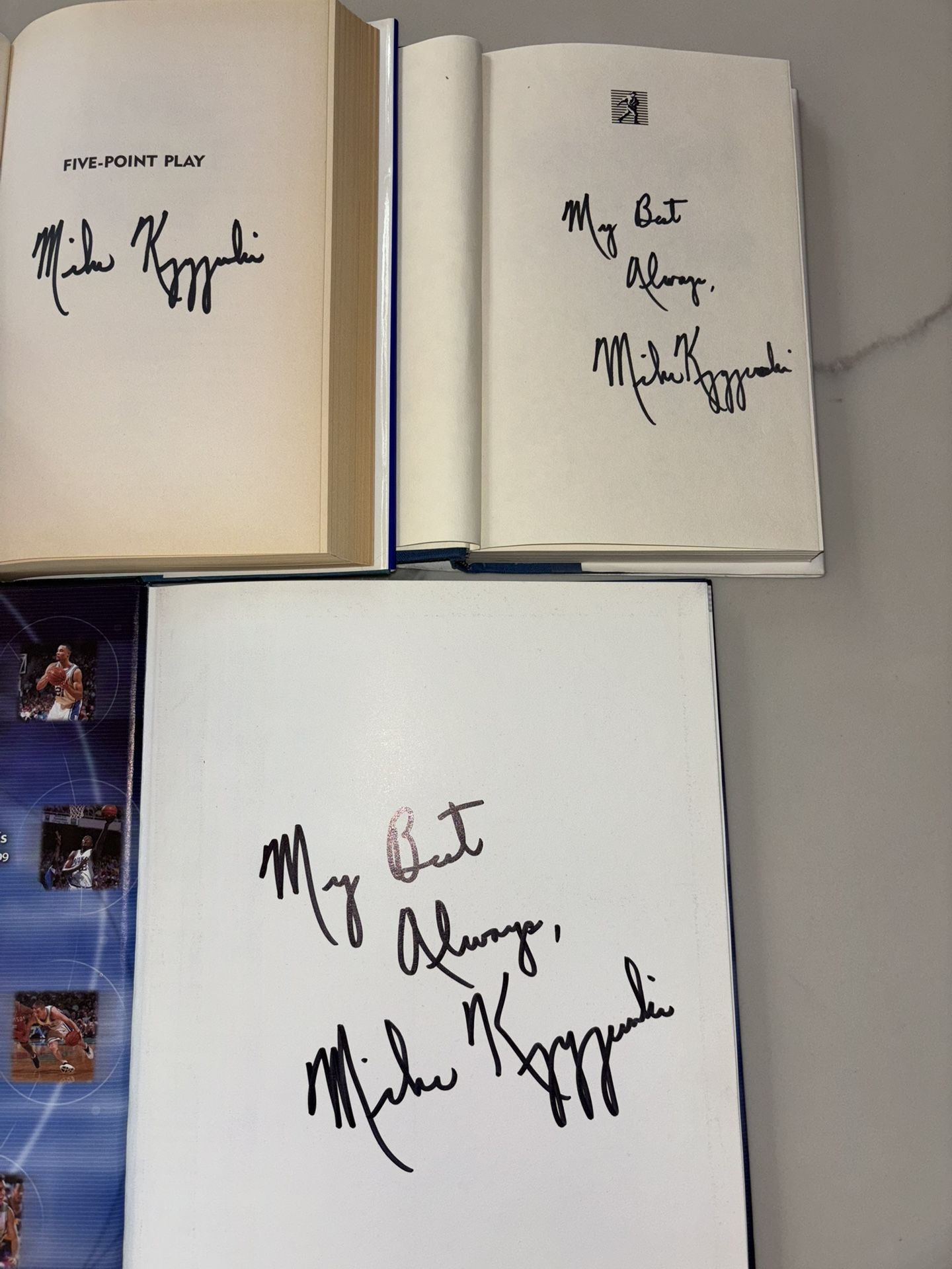 Duke, Mike Krzyzewski, 3 Signed HC- 1st Edition Books: 5 Point Play, A Season Is A Lifetime, ‘99-‘00 Yearbook.   