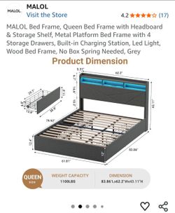 New open box.  MALOL Bed Frame, Queen Bed Frame with Headboard & Storage Shelf, Metal Platform Bed Frame with 4 Storage Drawers, Built-in Charging Sta