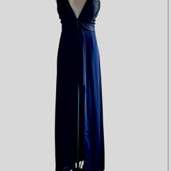 Designer Love Woman’s Shorts Attached Top and Train Open Back Low Cut Front Navy Blue Dress