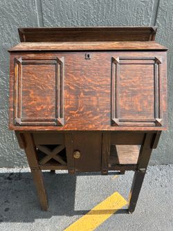 Antique Oak Drop Front Secretary Desk Arts & Crafts Writing Cabinet