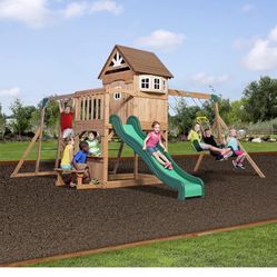 Backyard Discovery Montpelier Cedar Wood Swing Set with Wave Slide,Clubhouse, Monkey Bars, Picnic Area, Snack Bar, Belt Swings, Trapeze, Balcony, Play