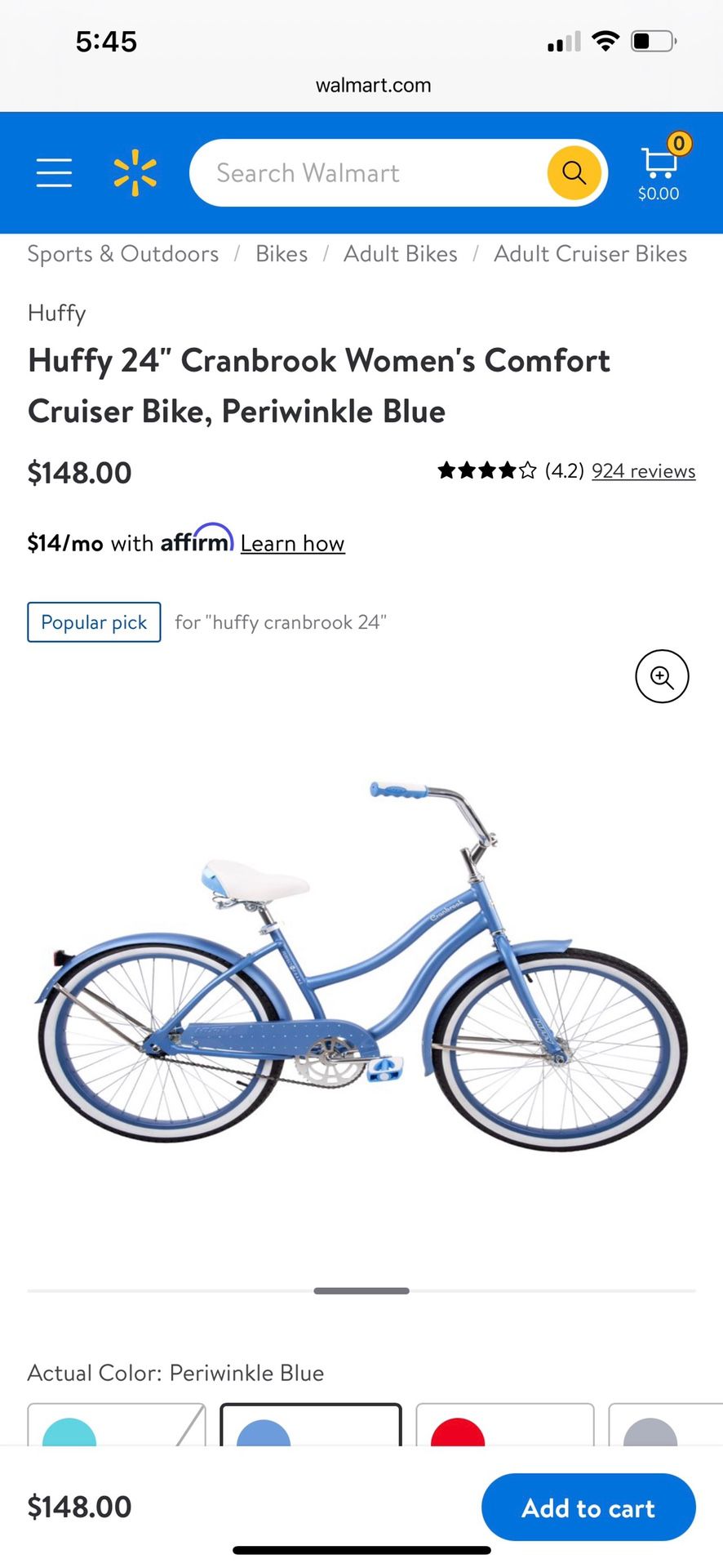 Huffy Blue Cruiser 24” Bike/ Bicycle