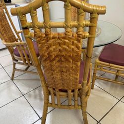 Vintage Bamboo Rattan Dining Set - Glass Top Table + 4 Chairs