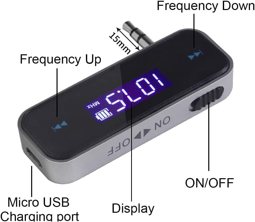 FM Transmitter Audio Adapter Car Kit, Wireless in-Car Radio Transmitter Built-in 3.5mm Aux Port for Car iPhone 6s 5 SE iPod iPad Smart Phones MP3 MP4