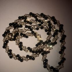 NWT Trifani 19” gold tone interwoven white seed pearls and black beads necklace and matching bracelet jewelry