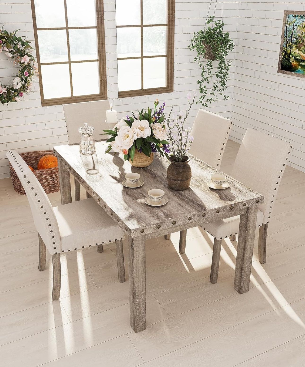 Farmhouse Dining Table Set for 4, Country Style Kitchen Table w/