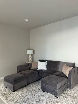 Gray Velvet Modular Sectional Sofa with Ottomans