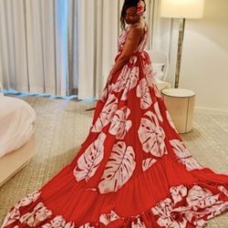 Hawaiian  Red Wedding Dress. Handmade  M/L   Hula