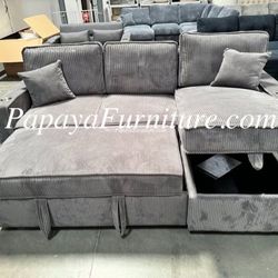New Reversible Left or Right STORAGE Chaise Couch Set Pull out Sleeper Sofa Bed Pullout Sectional Ashley Style Small Living Room Space Saving Gray